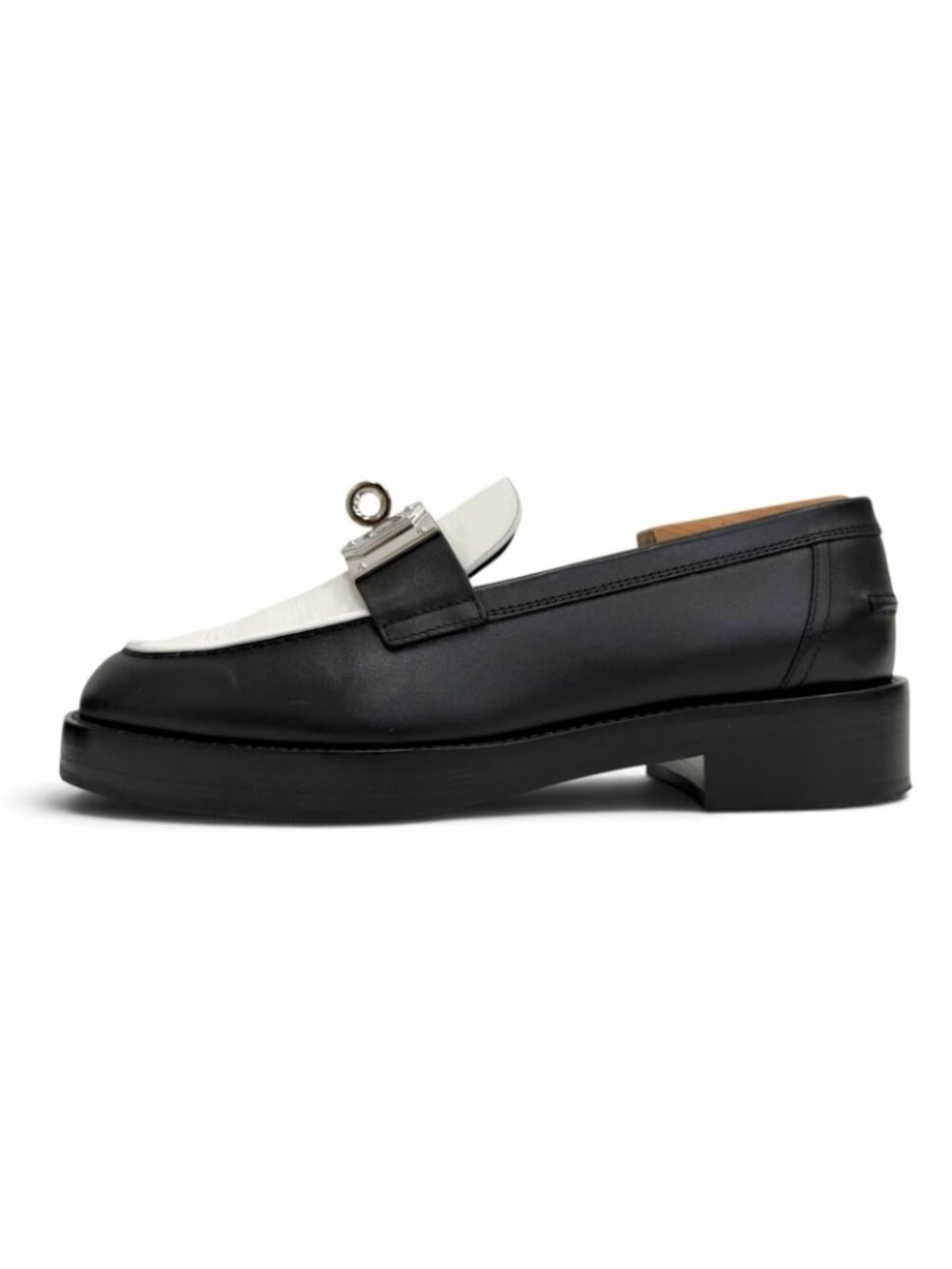 Hermes Hot Loafers Leather Moccasins Kelly Buckle Shoes Black White IT - Picture 6 of 12